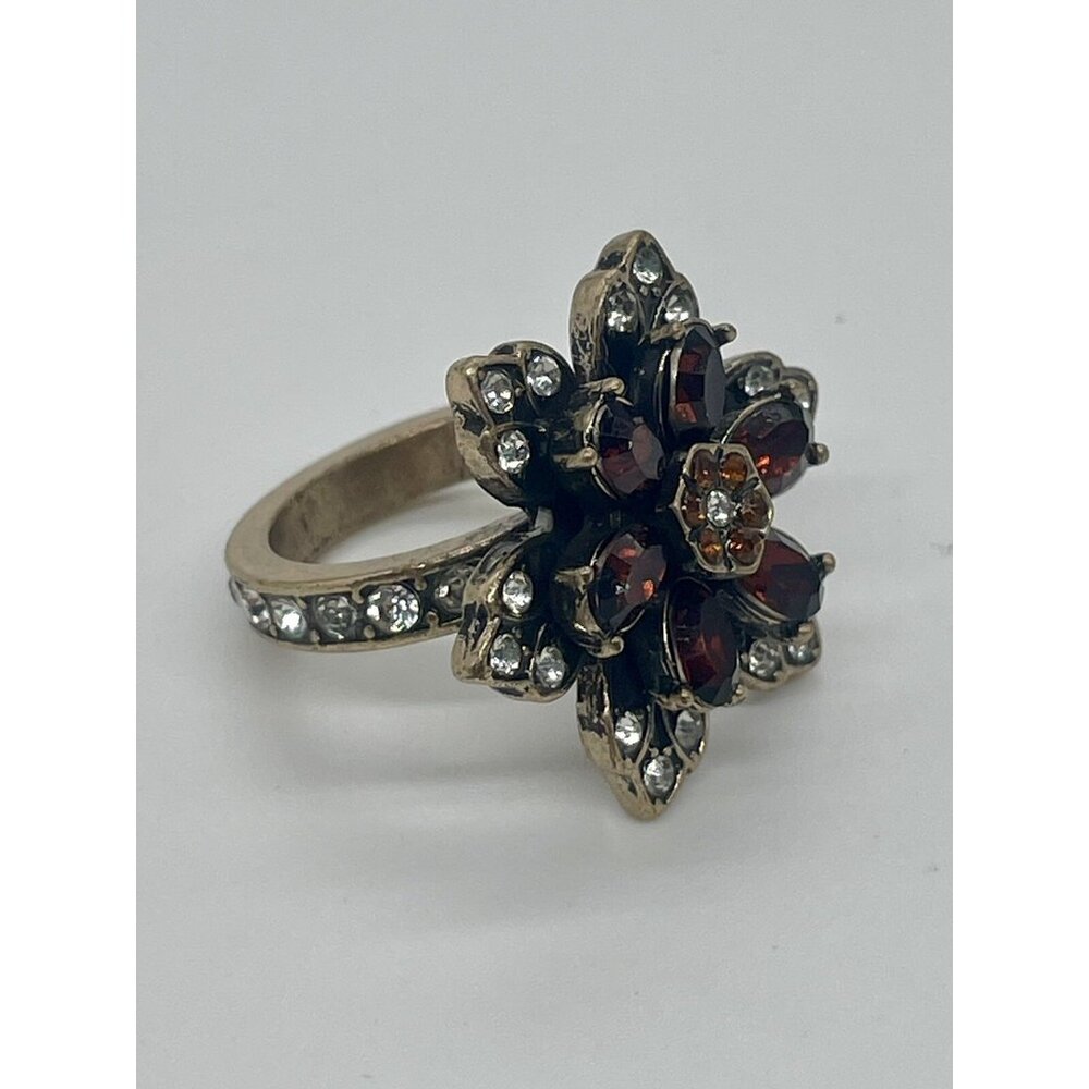 Costume Cocktail Holiday  Ring Garnet Yellow White RhineStones‎ Sz 7 Party Boho